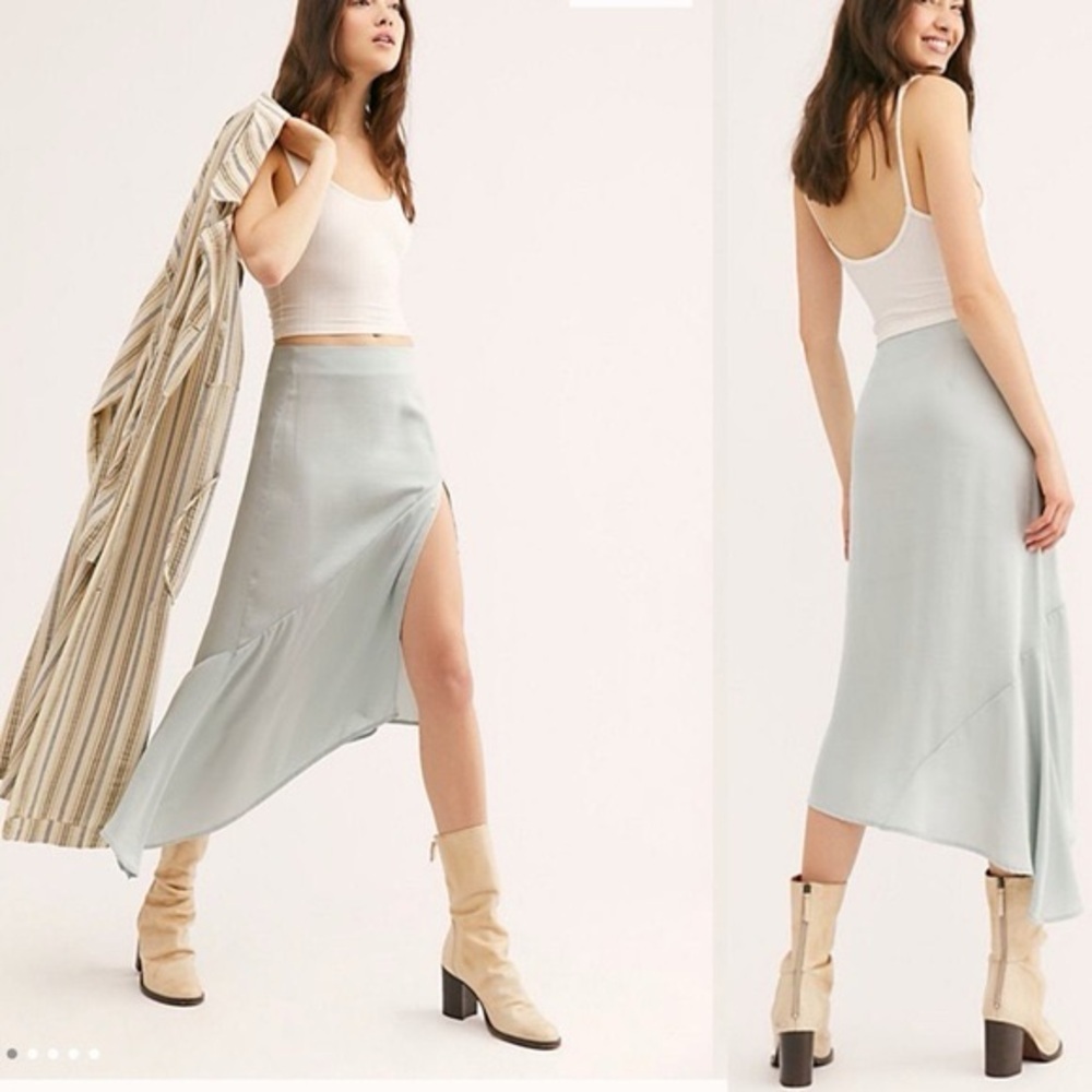 Free People Lola Slit Satin Seafoam Midi Skirt Size 10 Silky Slip Skirt